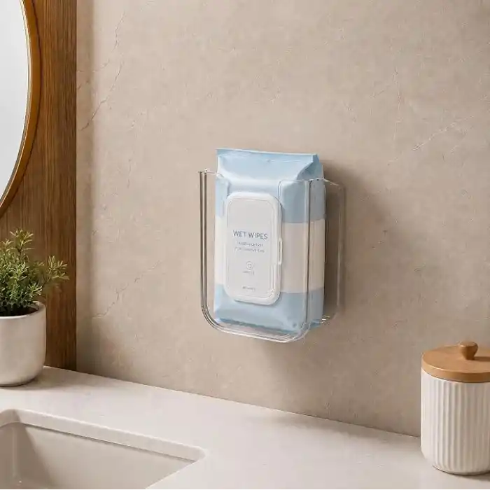 Orret Home Duvara Yapıştırılabilir Islak Mendil Kutusu, Şeffaf Kırılmaz Plastik Mendillik Peçetelik, Yapışkanlı Duvar Tipi Islak Mendil Tutucu Organizer, Banyo Mutfak, 11,5 x 8,5 x 14 cm