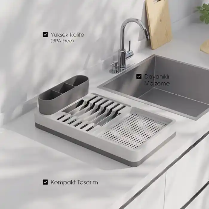 Deconox Aqua Gri Tezgah Üstü Bulaşıklık - 42x26x12 cm Pratik Tabak ve Bardak Kurutma Rafı - Modern Mutfak Organizeri