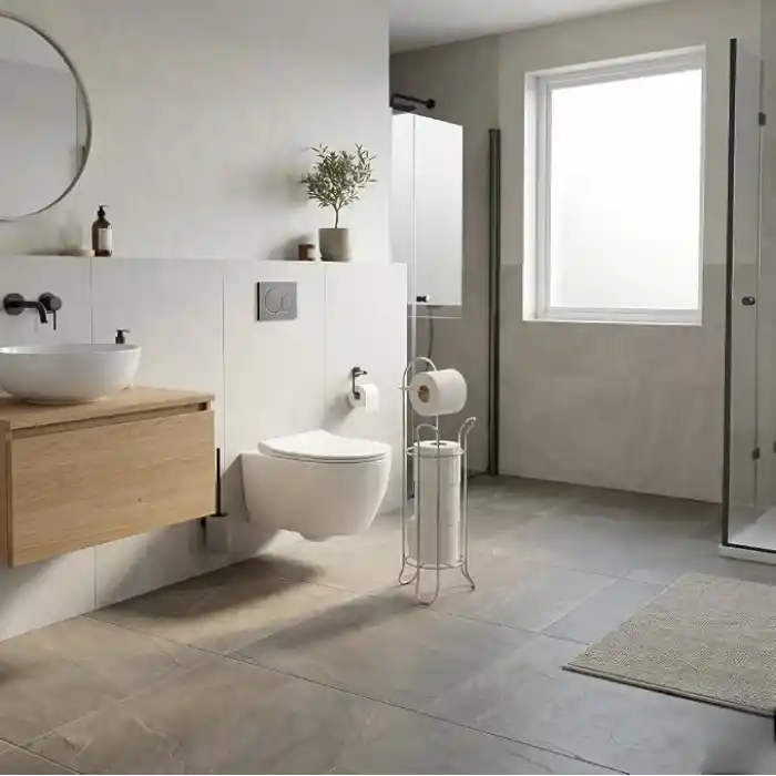 MallArt® Ayaklı Yedekli Tuvalet Kağıtlığı - Paslanmaz Metal Klozet Yanı Tuvalet Kağıdı Standı, Delme Gerektirmeyen Çok Fonksiyonlu Banyo Organizeri ve Rulo Tutucu