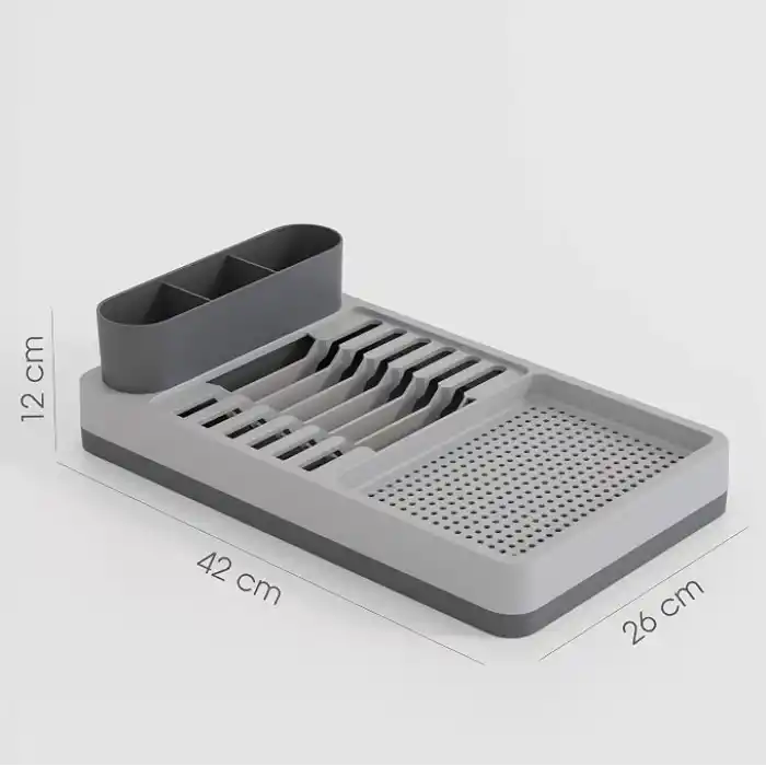 Deconox Aqua Gri Tezgah Üstü Bulaşıklık - 42x26x12 cm Pratik Tabak ve Bardak Kurutma Rafı - Modern Mutfak Organizeri