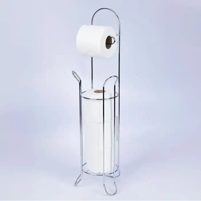MallArt® Ayaklı Yedekli Tuvalet Kağıtlığı - Paslanmaz Metal Klozet Yanı Tuvalet Kağıdı Standı, Delme Gerektirmeyen Çok Fonksiyonlu Banyo Organizeri ve Rulo Tutucu