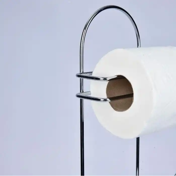 MallArt® Ayaklı Yedekli Tuvalet Kağıtlığı - Paslanmaz Metal Klozet Yanı Tuvalet Kağıdı Standı, Delme Gerektirmeyen Çok Fonksiyonlu Banyo Organizeri ve Rulo Tutucu