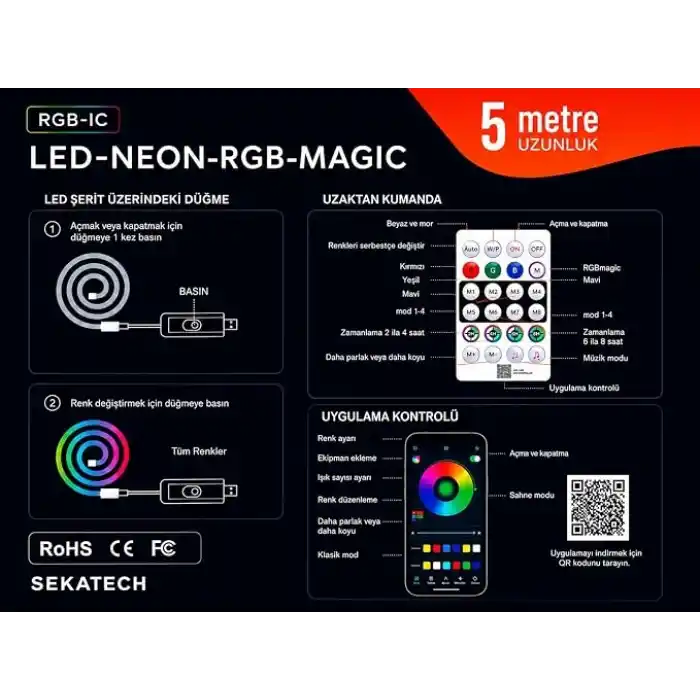 Akıllı Neon LED Şerit 5 Metre – USB Bağlantılı, Uygulama ve Kumanda Kontrollü, Müzik Senkronizasyonlu, Zaman Ayarlı, Çok Renkli Esnek Neon Işık Şeridi, Oda Dekorasyonu ve Gaming Setup
