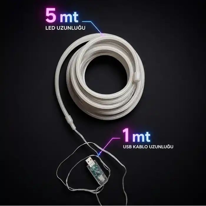Akıllı Neon LED Şerit 5 Metre – USB Bağlantılı, Uygulama ve Kumanda Kontrollü, Müzik Senkronizasyonlu, Zaman Ayarlı, Çok Renkli Esnek Neon Işık Şeridi, Oda Dekorasyonu ve Gaming Setup