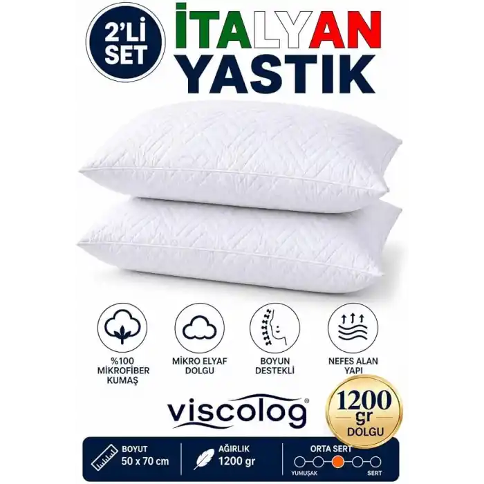 2 Li İtalyan 1200gr Microfiber Orta Sertlikte Boyun Destekli Rahat Nefes Alan Yastık (50x70)