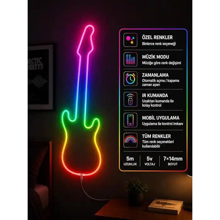 Akıllı Neon LED Şerit 5 Metre – USB Bağlantılı, Uygulama ve Kumanda Kontrollü, Müzik Senkronizasyonlu, Zaman Ayarlı, Çok Renkli Esnek Neon Işık Şeridi, Oda Dekorasyonu ve Gaming Setup