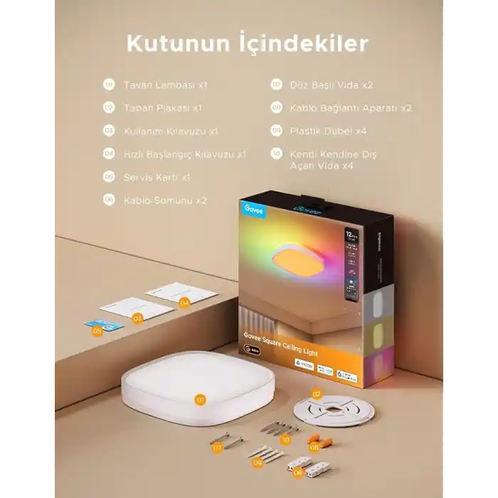 Govee RGBWW + RGBIC Matter Destekli Kare Akıllı Tavan Armatürü - 30 cm