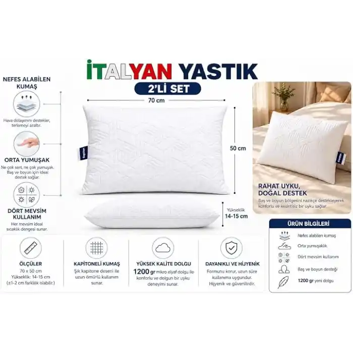 2 Li İtalyan 1200gr Microfiber Orta Sertlikte Boyun Destekli Rahat Nefes Alan Yastık (50x70)