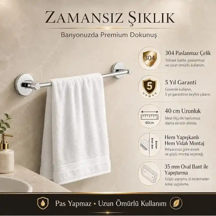 Alper Banyo 304 Paslanmaz Çelik Havlu Askısı 40 cm, Parlak Krom Kaplama, Yapışkanlı ve Vidalı Montaj, Banyo Aksesuarı