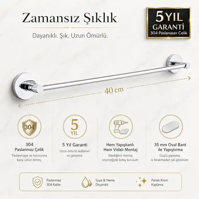 Alper Banyo 304 Paslanmaz Çelik Havlu Askısı 40 cm, Parlak Krom Kaplama, Yapışkanlı ve Vidalı Montaj, Banyo Aksesuarı