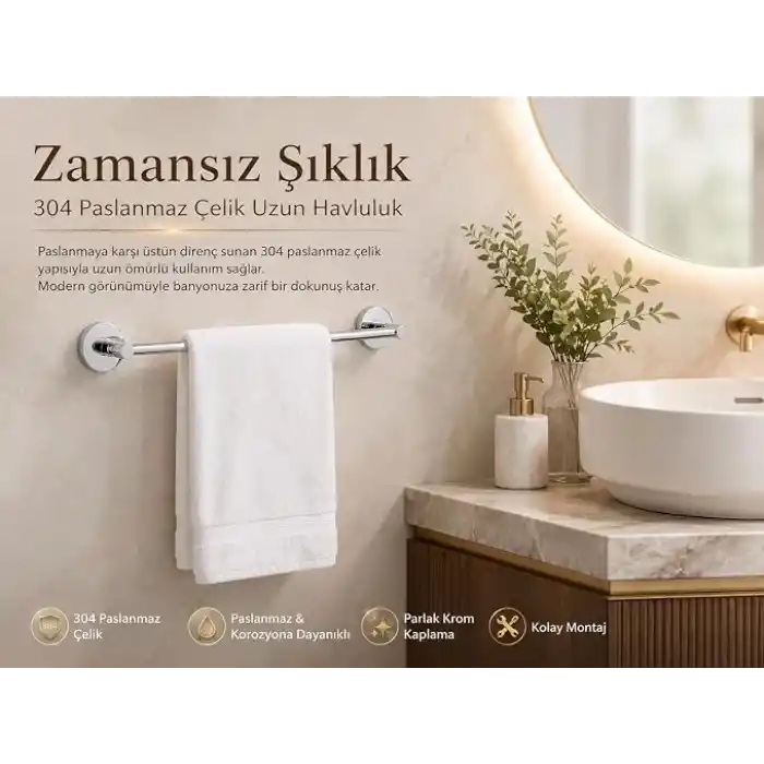 Alper Banyo 304 Paslanmaz Çelik Havlu Askısı 40 cm, Parlak Krom Kaplama, Yapışkanlı ve Vidalı Montaj, Banyo Aksesuarı