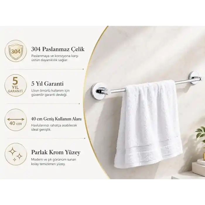Alper Banyo 304 Paslanmaz Çelik Havlu Askısı 40 cm, Parlak Krom Kaplama, Yapışkanlı ve Vidalı Montaj, Banyo Aksesuarı