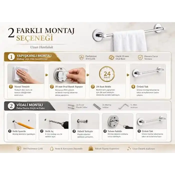 Alper Banyo 304 Paslanmaz Çelik Havlu Askısı 40 cm, Parlak Krom Kaplama, Yapışkanlı ve Vidalı Montaj, Banyo Aksesuarı