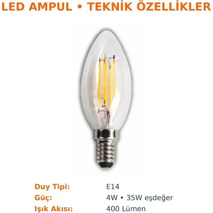 LED Rustik Mum Buji Ampul – E14 Duy, 4W (35W Eşdeğer), 3000K Günışığı, 400 Lümen – 220-240V, 3.5x10 cm – 10’lu Paket