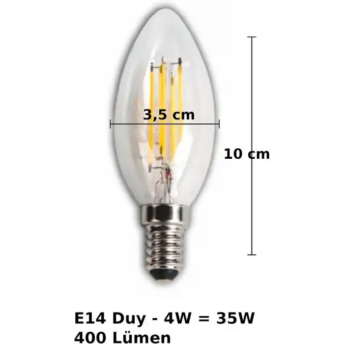 LED Rustik Mum Buji Ampul – E14 Duy, 4W (35W Eşdeğer), 3000K Günışığı, 400 Lümen – 220-240V, 3.5x10 cm – 10’lu Paket