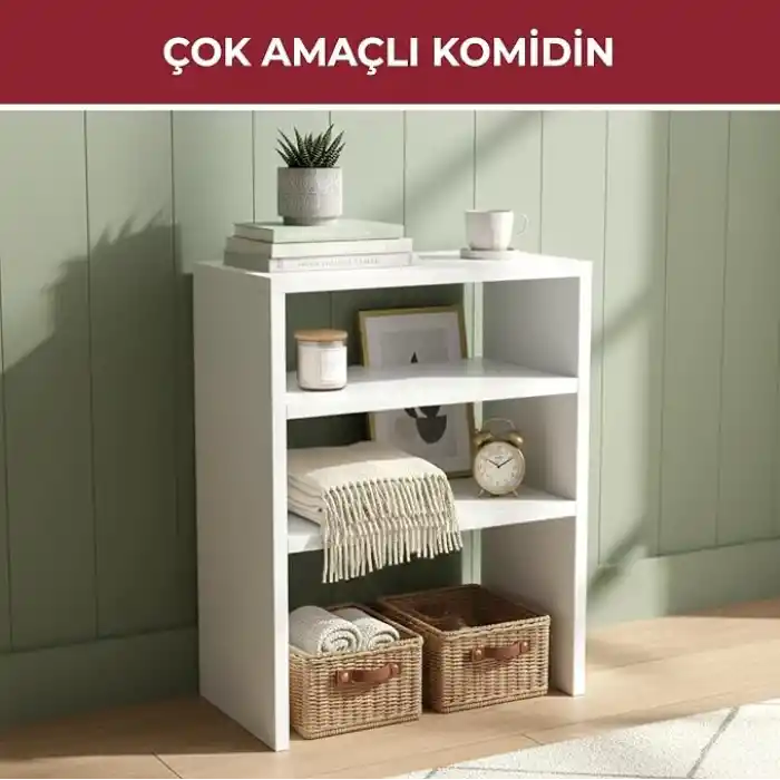 Pikas Yakut Ayaklı İki Bölmeli Çok Amaçlı Komodin – Beyaz, Modern Tasarım, Açık Raf Ünitesi