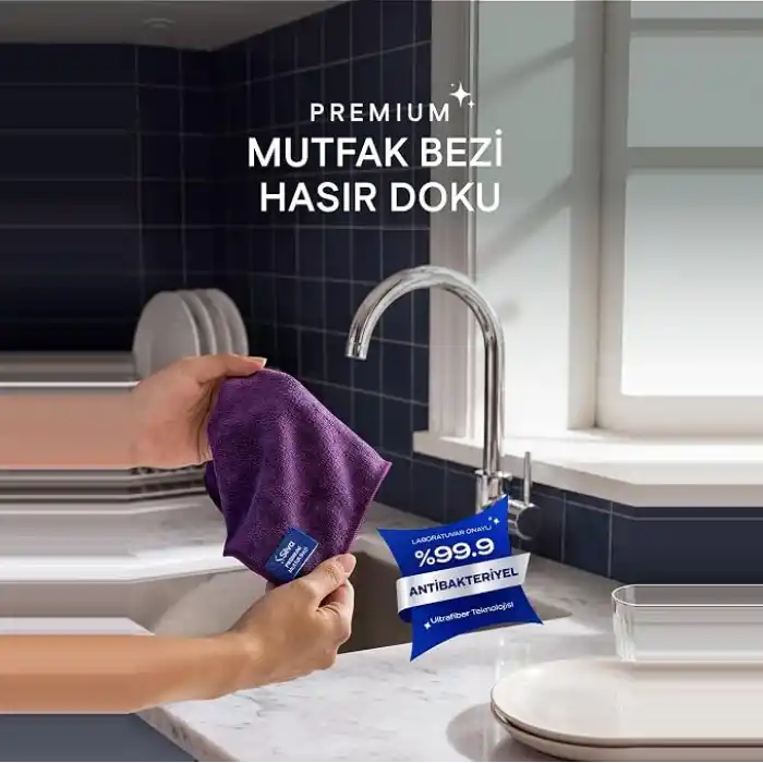 Silva Premium Mutfak Bezi Hasır Doku 30x30 cm, Mikrofiber Temizlik Bezi, Yağ ve Parmak İzini Yaymadan Toplar, Sadece Suyla Temizlik, Tezgah Ocak Çelik Mermer İçin, Mürdüm Moru