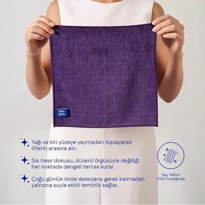Silva Premium Mutfak Bezi Hasır Doku 30x30 cm, Mikrofiber Temizlik Bezi, Yağ ve Parmak İzini Yaymadan Toplar, Sadece Suyla Temizlik, Tezgah Ocak Çelik Mermer İçin, Mürdüm Moru