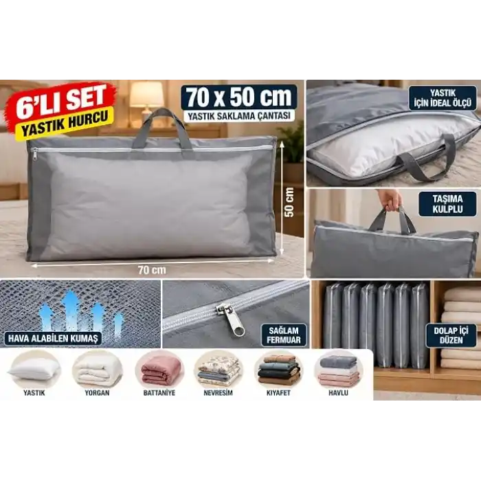 AEE® 6lı Yastık Hurcu Saklama Çantası 70x50 cm, Gri, Taşıma Kulplu, Hava Alabilen Kumaş, Fermuarlı Yastık ve Tekstil Saklama Torbası, Dolap ve Baza İçin