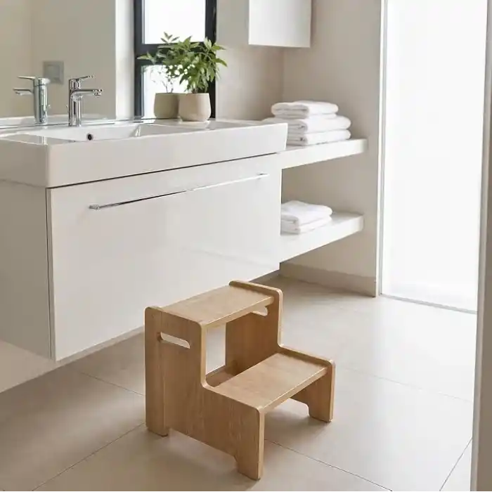 Ahşap Çift Basamaklı Yükseltici Tabure, Çok Amaçlı Ev ve Banyo Basamağı, Dayanıklı Ahşap Tasarım