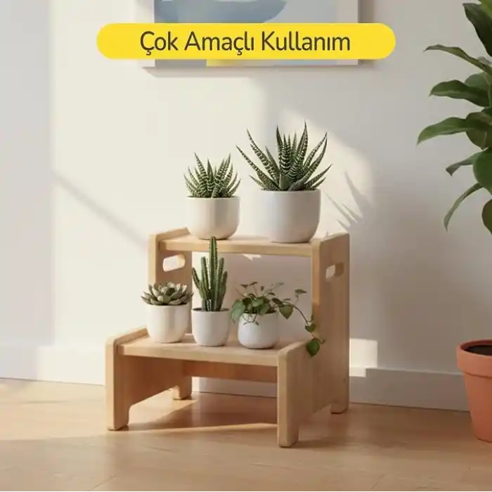 Ahşap Çift Basamaklı Yükseltici Tabure, Çok Amaçlı Ev ve Banyo Basamağı, Dayanıklı Ahşap Tasarım