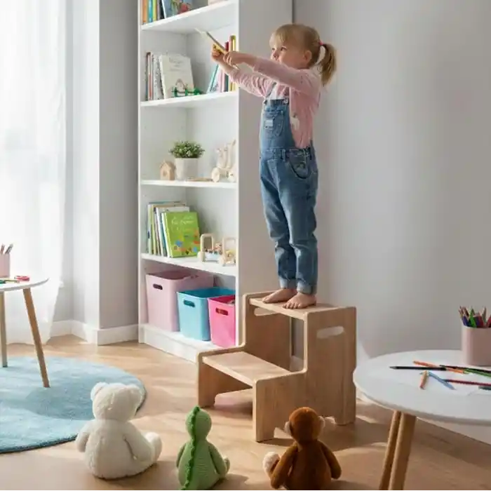 Ahşap Çift Basamaklı Yükseltici Tabure, Çok Amaçlı Ev ve Banyo Basamağı, Dayanıklı Ahşap Tasarım