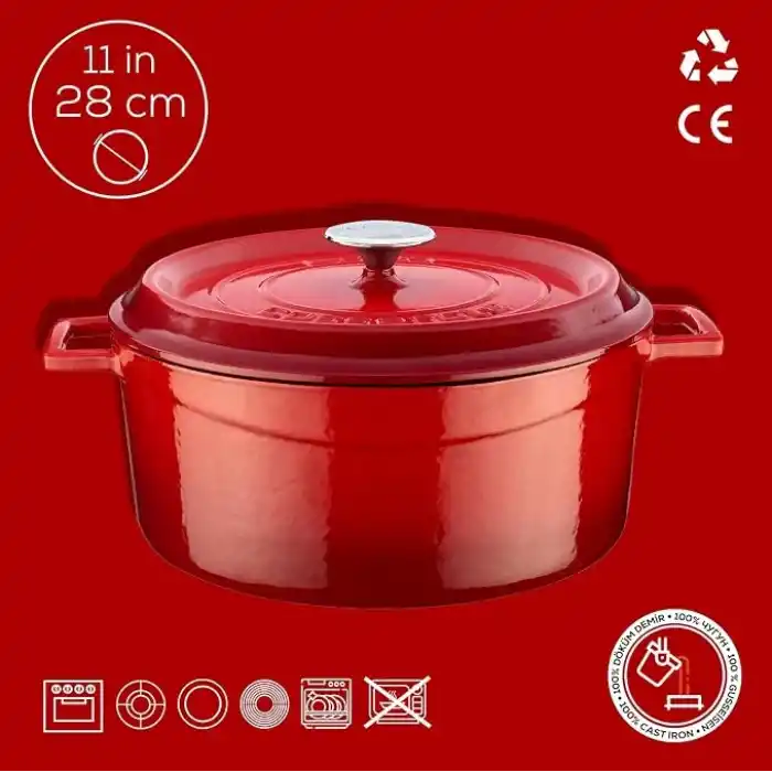 Lava Döküm Yuvarlak Tencere, Trendy, 28 cm, 6.71 L Hacim, Kırmızı