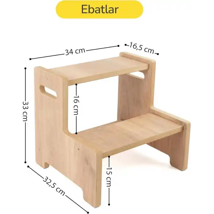 Ahşap Çift Basamaklı Yükseltici Tabure, Çok Amaçlı Ev ve Banyo Basamağı, Dayanıklı Ahşap Tasarım