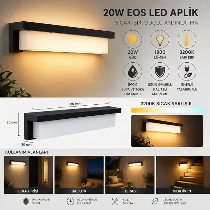 EOS Duvar Aplik 20 Watt LED Lamba, 1800 Lümen 3200 Kelvin Sarı Işık, Banyo, Balkon, Merdiven Duvar Aydınlatma
