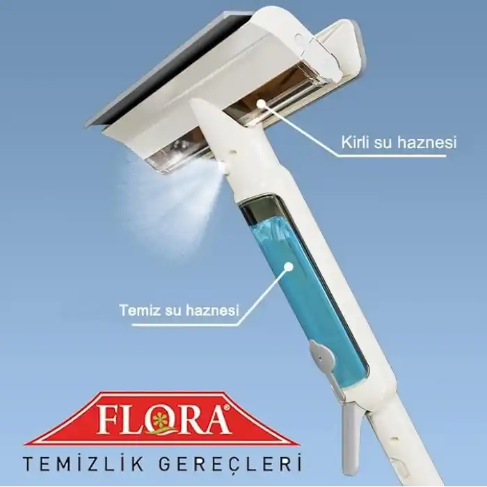 FLORA Spreyli Temiz Su Hazneli ve Kirli Su Hazneli Mikrofiber Cam Silme Mopu, Netsil Sprey Mop max 150 cm. Alüminyum Teleskopik Saplı Cam Temizleme Seti F420, Çok Fonksiyonlu Temizlik Aparatı