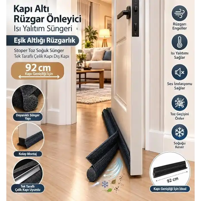 LÜX Kapı Altı Rüzgar Önleyici Tek Taraflı Çelik Kapı Dış Kapı Isı Yalıtım Süngeri Eşik Altlığı Rüzgarlık Stoper Toz Soğuk Sünger 92 cm Siyah