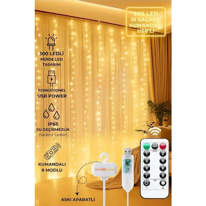 3x3 Metre Perde Led Işık, 300 Ledli 10 Sarkıtlı Dekoratif Peri Led, Uzaktan Kumandalı ve 8 Fonksiyonlu, USB Girişli Günışığı (Sarı) Duvar ve Perde Aydınlatması