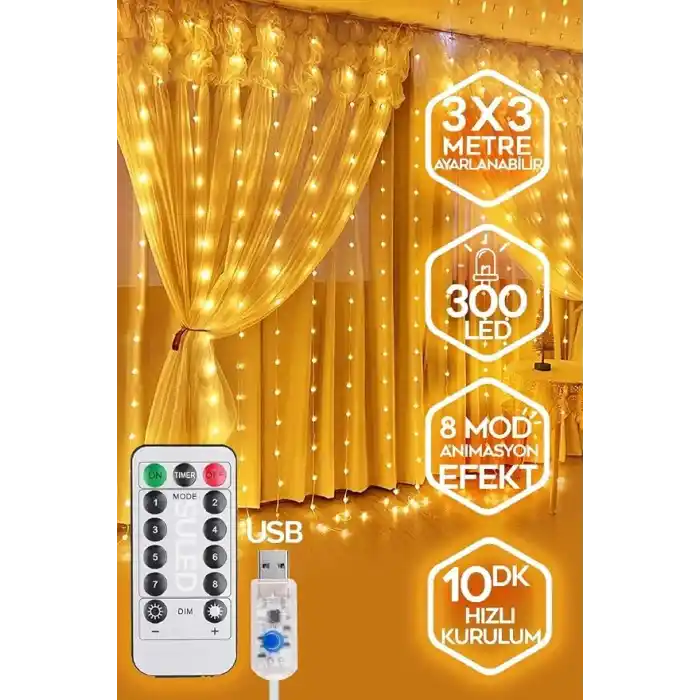 3x3 Metre Perde Led Işık, 300 Ledli 10 Sarkıtlı Dekoratif Peri Led, Uzaktan Kumandalı ve 8 Fonksiyonlu, USB Girişli Günışığı (Sarı) Duvar ve Perde Aydınlatması