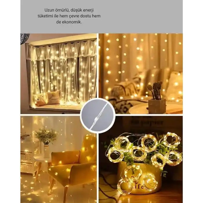 3x3 Metre Perde Led Işık, 300 Ledli 10 Sarkıtlı Dekoratif Peri Led, Uzaktan Kumandalı ve 8 Fonksiyonlu, USB Girişli Günışığı (Sarı) Duvar ve Perde Aydınlatması