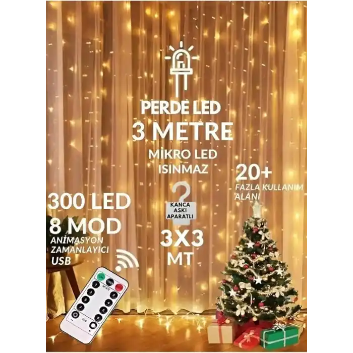 3x3 Metre Perde Led Işık, 300 Ledli 10 Sarkıtlı Dekoratif Peri Led, Uzaktan Kumandalı ve 8 Fonksiyonlu, USB Girişli Günışığı (Sarı) Duvar ve Perde Aydınlatması