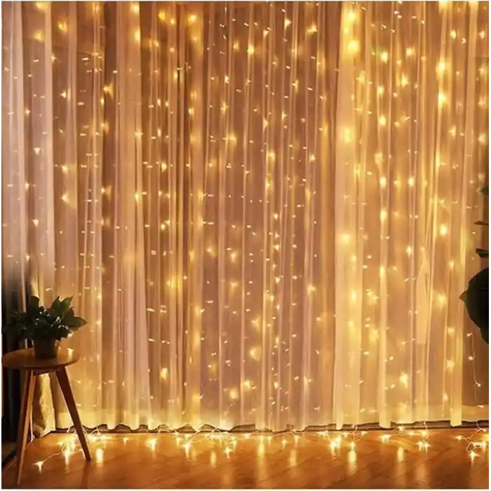 3x3 Metre Perde Led Işık, 300 Ledli 10 Sarkıtlı Dekoratif Peri Led, Uzaktan Kumandalı ve 8 Fonksiyonlu, USB Girişli Günışığı (Sarı) Duvar ve Perde Aydınlatması
