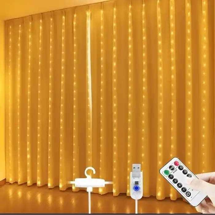 3x3 Metre Perde Led Işık, 300 Ledli 10 Sarkıtlı Dekoratif Peri Led, Uzaktan Kumandalı ve 8 Fonksiyonlu, USB Girişli Günışığı (Sarı) Duvar ve Perde Aydınlatması
