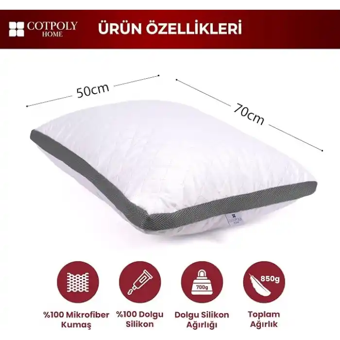 Cotpoly Home Klimalı Yastık 50x70 cm - Hava Sirkülasyonlu Kapitone Mikrofiber Dış Kılıf 850 gr Silikon Dolgulu Ortopedik Uyku Yastığı (2li Gri)