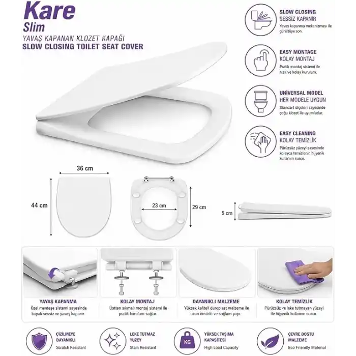 Kare Slim Ultra İnce Yavaş Kapanan Klozet Kapağı, Soft Close Sessiz Mekanizma, Kaymaz Tabanlı Sabit Duruş, Dayanıklı Durolast Malzeme, Kolay Montajlı Universal Uyumlu WC Kapak, Hijyenik ve Uzun Ömürlü