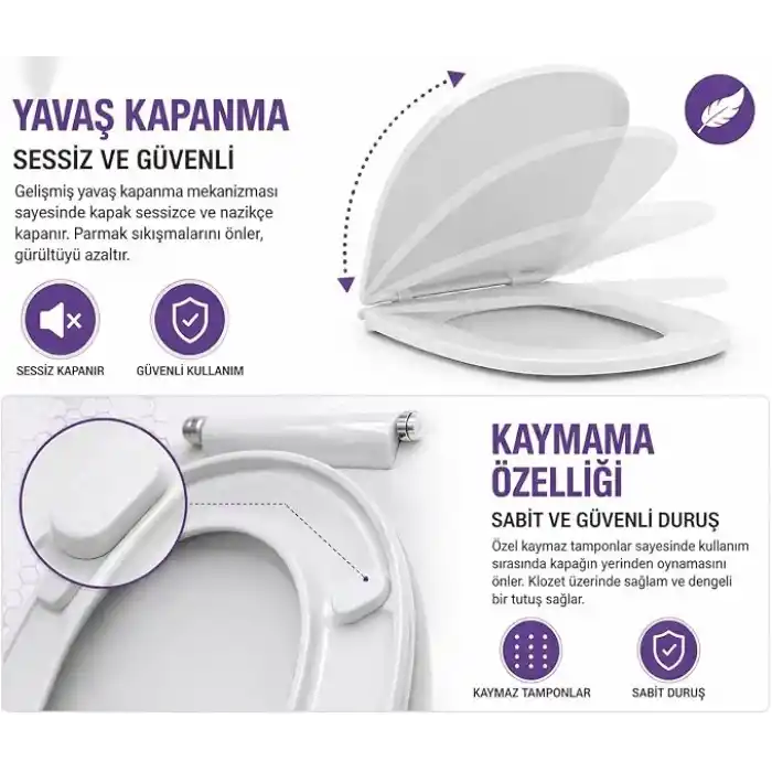 Kare Slim Ultra İnce Yavaş Kapanan Klozet Kapağı, Soft Close Sessiz Mekanizma, Kaymaz Tabanlı Sabit Duruş, Dayanıklı Durolast Malzeme, Kolay Montajlı Universal Uyumlu WC Kapak, Hijyenik ve Uzun Ömürlü