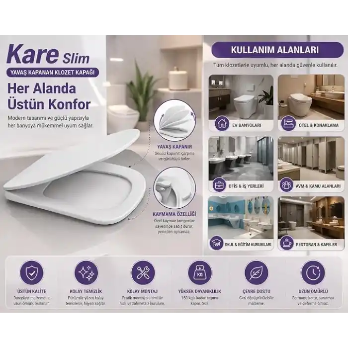 Kare Slim Ultra İnce Yavaş Kapanan Klozet Kapağı, Soft Close Sessiz Mekanizma, Kaymaz Tabanlı Sabit Duruş, Dayanıklı Durolast Malzeme, Kolay Montajlı Universal Uyumlu WC Kapak, Hijyenik ve Uzun Ömürlü