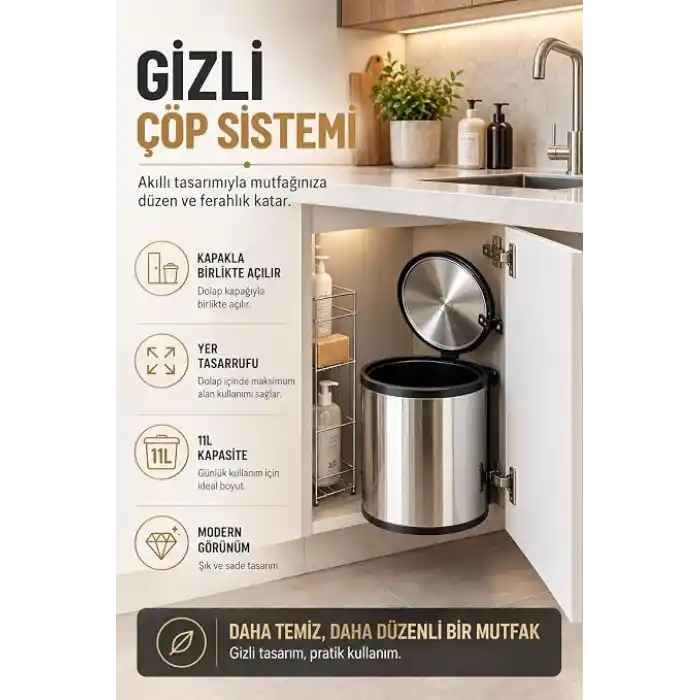 Banyo, Mutfak Dolap içi 11 Litre Metal Çöp Kovası – Krom, Tüm Dolaplara Uyumlu Tezgah Altı Çöp Kovası