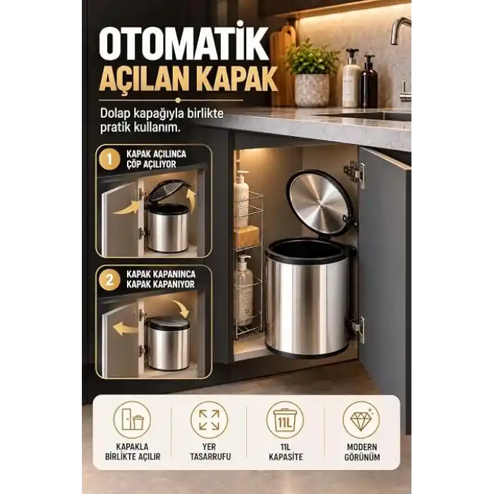 Banyo, Mutfak Dolap içi 11 Litre Metal Çöp Kovası – Krom, Tüm Dolaplara Uyumlu Tezgah Altı Çöp Kovası