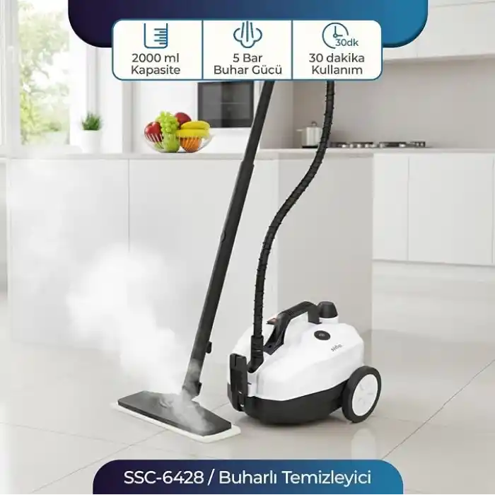 Sinbo SSC-6428 2000W Profesyonel Buharlı Temizlik Makinesi, Buharlı Temizleyici, 5 Bar Güç, Çelik Kazan, 15 Başlık, Derin Hijyenli Güçlü Temizlik (Beyaz)