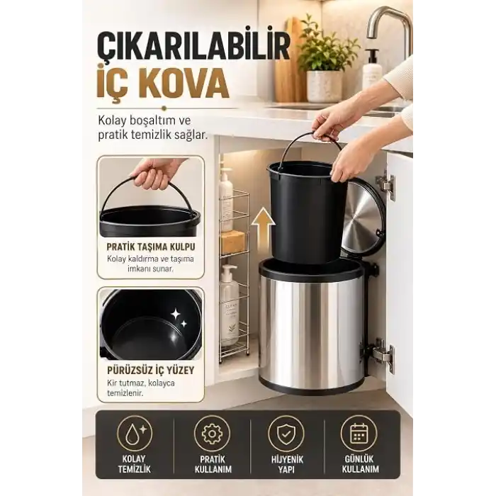 Banyo, Mutfak Dolap içi 11 Litre Metal Çöp Kovası – Krom, Tüm Dolaplara Uyumlu Tezgah Altı Çöp Kovası