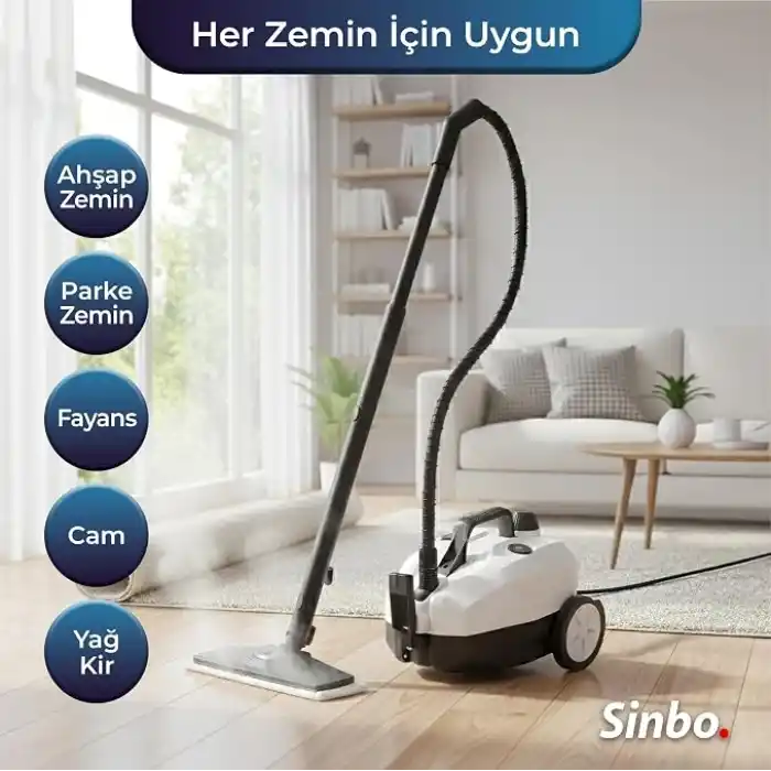 Sinbo SSC-6428 2000W Profesyonel Buharlı Temizlik Makinesi, Buharlı Temizleyici, 5 Bar Güç, Çelik Kazan, 15 Başlık, Derin Hijyenli Güçlü Temizlik (Beyaz)