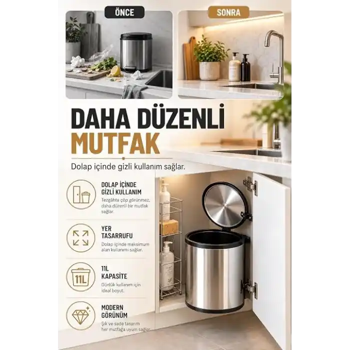 Banyo, Mutfak Dolap içi 11 Litre Metal Çöp Kovası – Krom, Tüm Dolaplara Uyumlu Tezgah Altı Çöp Kovası
