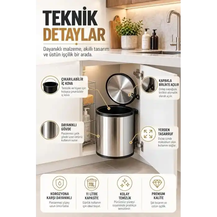 Banyo, Mutfak Dolap içi 11 Litre Metal Çöp Kovası – Krom, Tüm Dolaplara Uyumlu Tezgah Altı Çöp Kovası