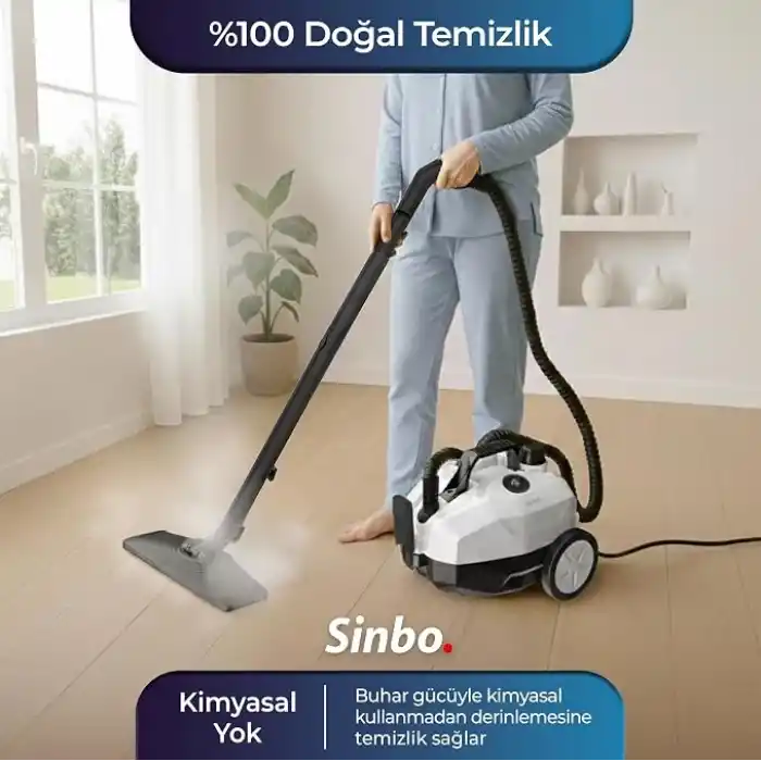 Sinbo SSC-6428 2000W Profesyonel Buharlı Temizlik Makinesi, Buharlı Temizleyici, 5 Bar Güç, Çelik Kazan, 15 Başlık, Derin Hijyenli Güçlü Temizlik (Beyaz)