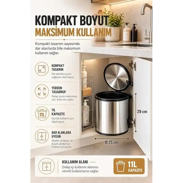 Banyo, Mutfak Dolap içi 11 Litre Metal Çöp Kovası – Krom, Tüm Dolaplara Uyumlu Tezgah Altı Çöp Kovası